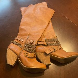 Tan knee high boots with rhinestone detail and studs